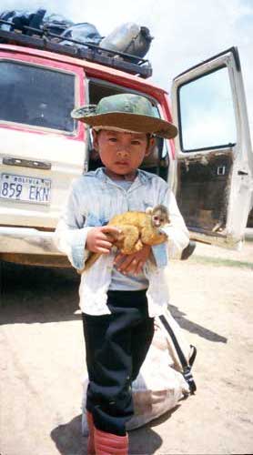 Bolivia, Rurrenabarque: Boy with a monkey