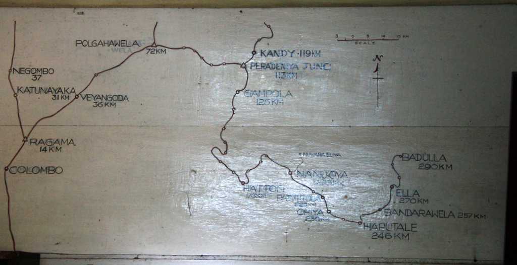 Handgemalte Karte der Bahnstrecke zwischen Colombo und Badulla, Sri Lanka