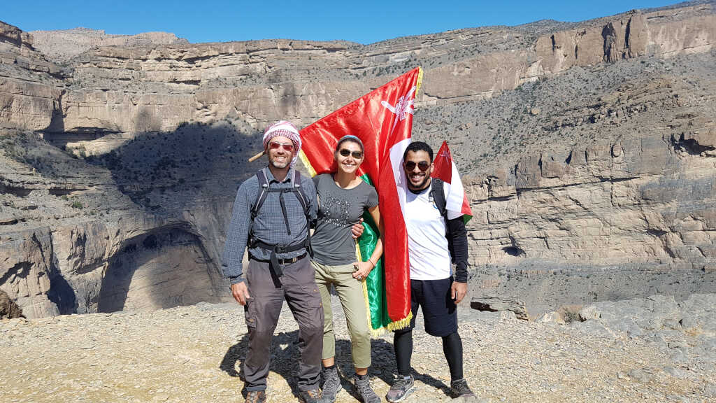 Malina, Volker and an Omani in Wadi An Nakhur, Oman